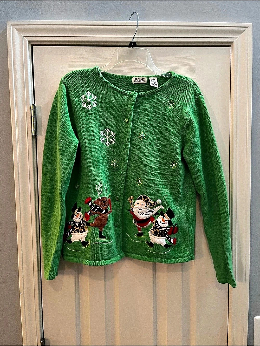 Classic Elements Christmas Ice Skating Snowman Santa Reindeer Cardigan Sweater S